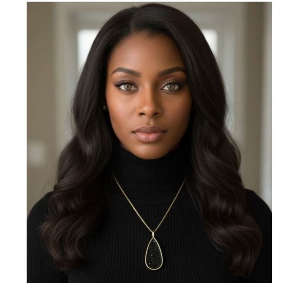 NECKLACE - black teardrop medallion - slight sparkle - Picture 1 of 6